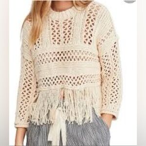 Free People Higher Love Fringed Open-Knit Cream Sweater Medium